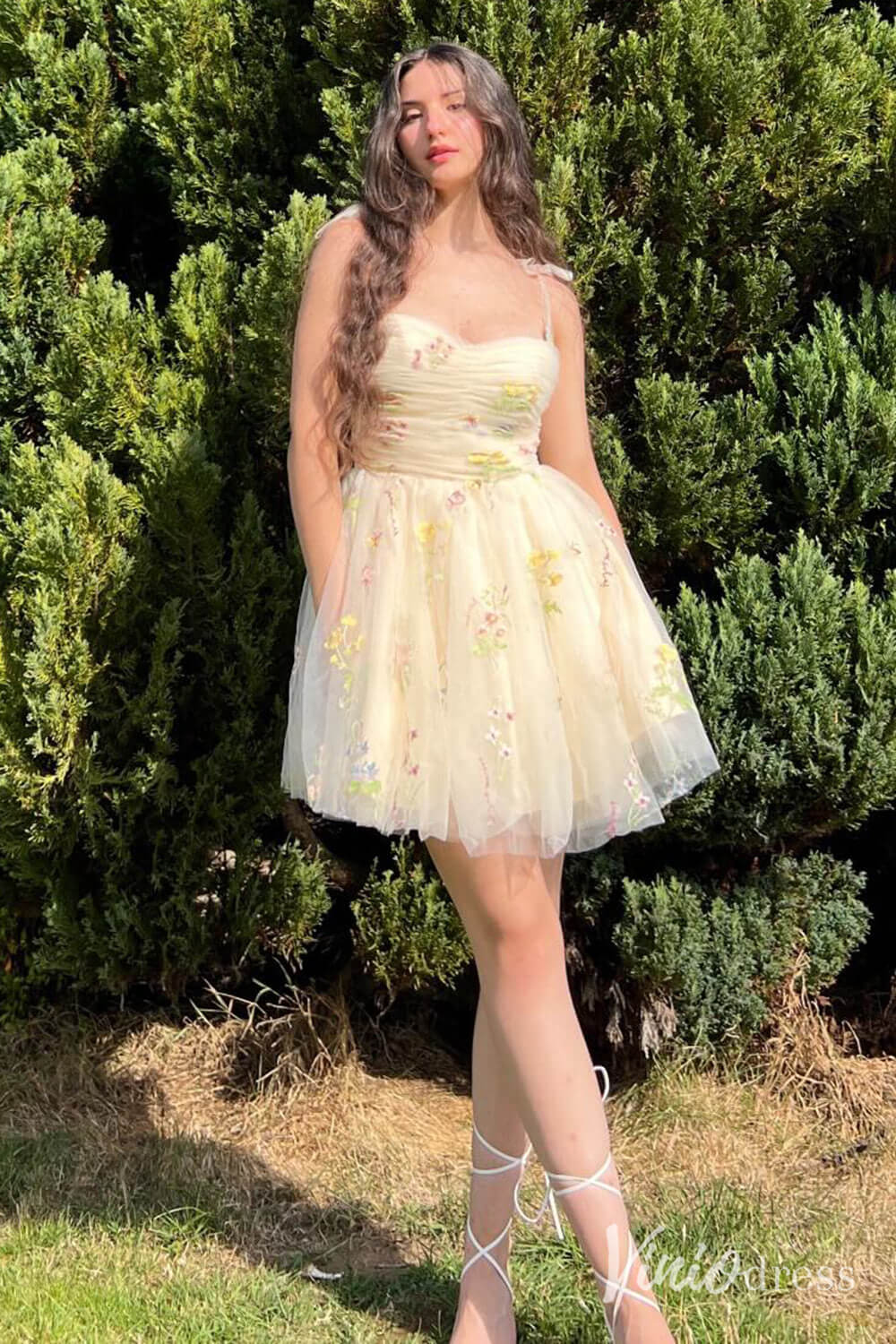 Yellow Floral Lace Homecoming Dresses Spaghetti Strap Graduation Dress SD1667 - ViniodressHomecoming DressesYellowCustom Size - Formal Dresses - Ball Gowns