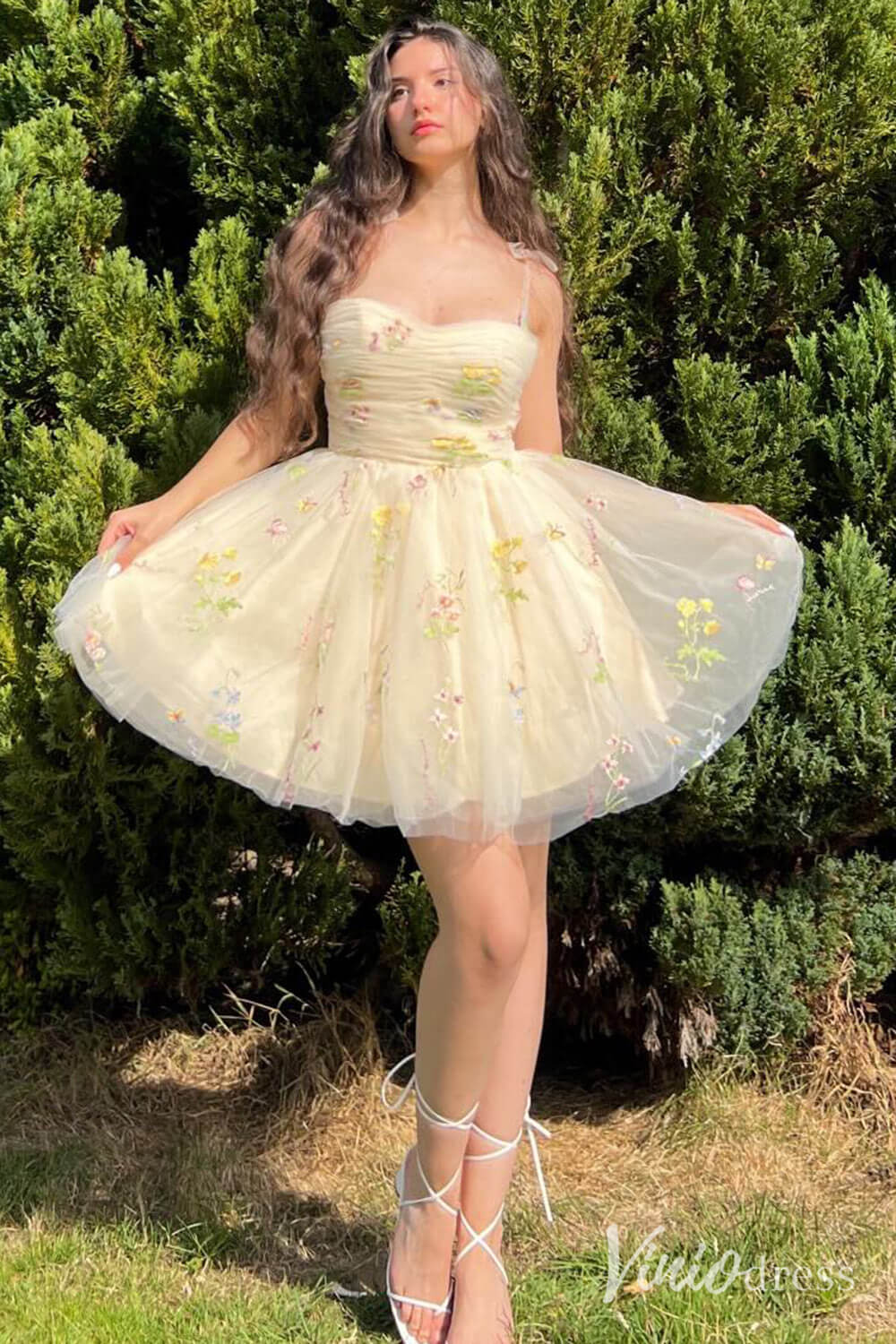 Yellow Floral Lace Homecoming Dresses Spaghetti Strap Graduation Dress SD1667 - ViniodressHomecoming DressesYellowCustom Size - Formal Dresses - Ball Gowns