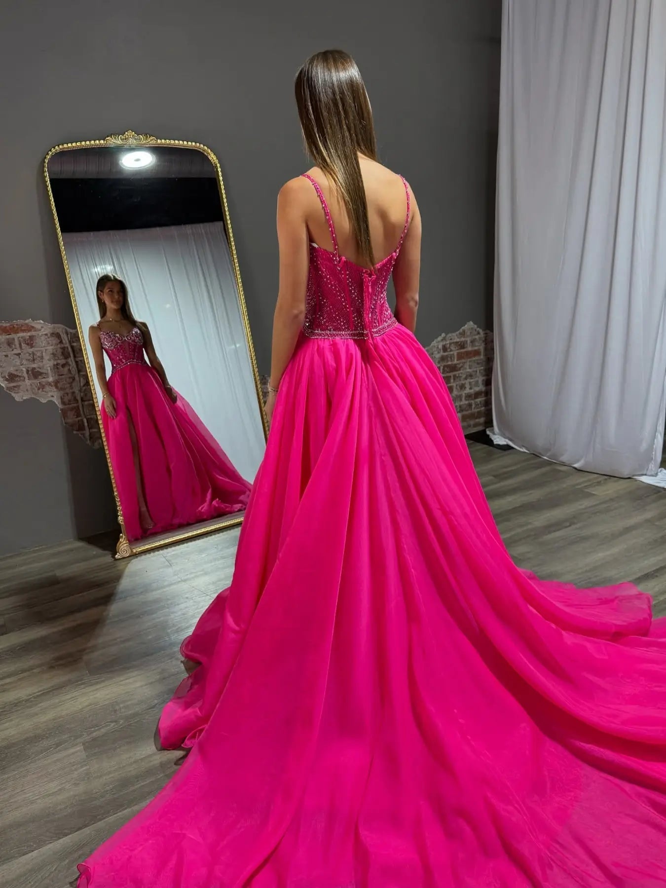 Hot Pink A-Line Prom Dress with Slit, Spaghetti Strap, Beaded Bodice & Organza Bottom – Style FD6060-prom dresses 2025 -Viniodress-Hot Pink-Custom Size-