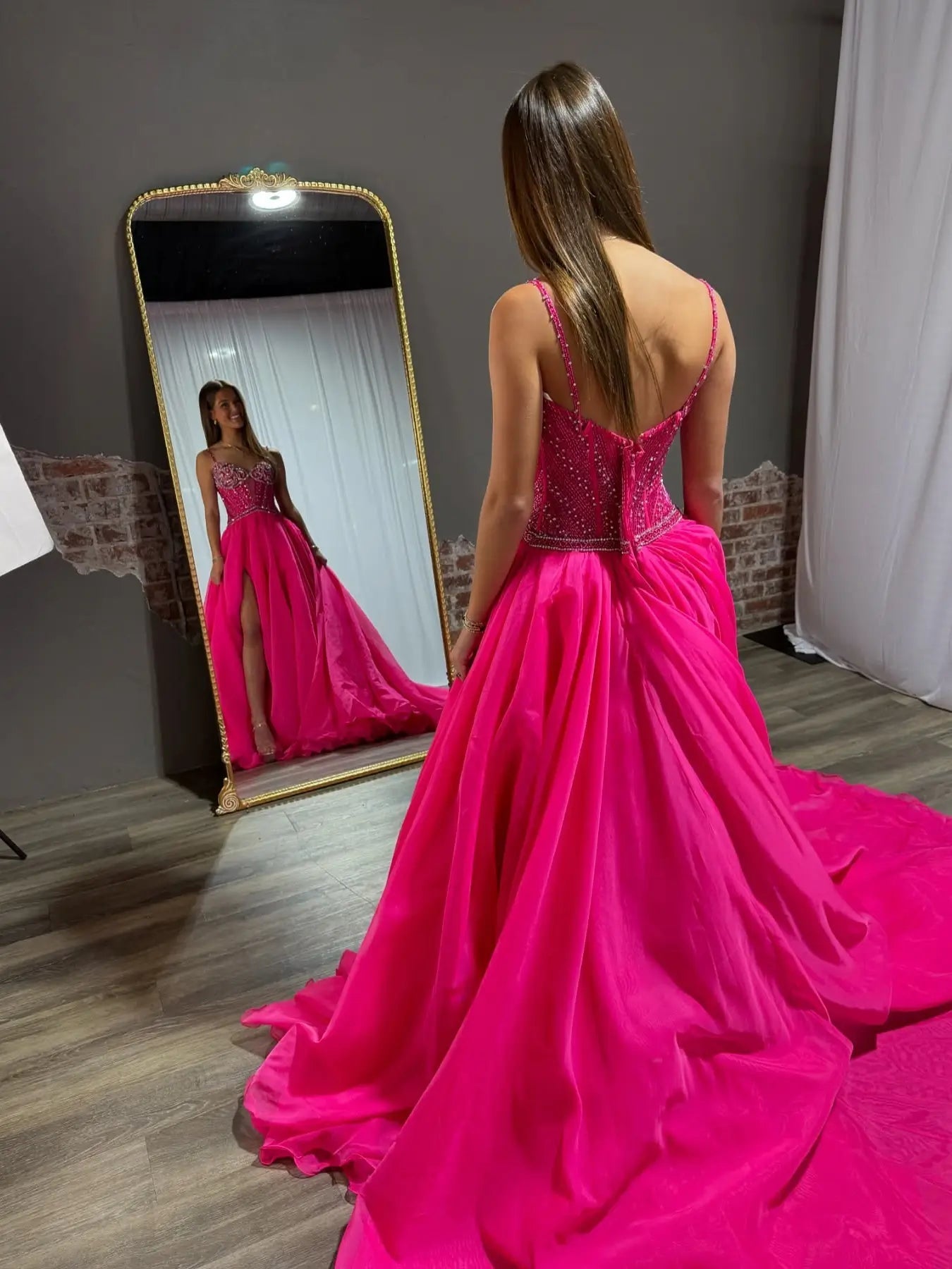 Hot Pink A-Line Prom Dress with Slit, Spaghetti Strap, Beaded Bodice & Organza Bottom – Style FD6060-prom dresses 2025 -Viniodress-Hot Pink-Custom Size-