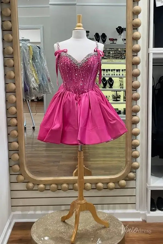 Hot Pink Beaded Homecoming Dress with Corset Bodice, Bow Straps & Bubble Skirt – H1156-Homecoming Dresses 2025 -Viniodress-Hot Pink-Custom Size-
