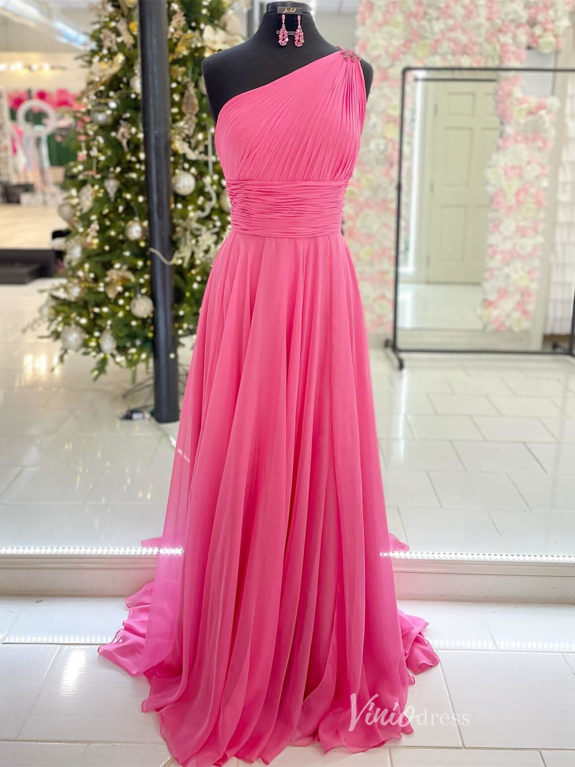 Hot Pink Chiffon One Shoulder Cheap Prom Dresses Pleated Bodice Beaded Lace Strap FD2743-prom dresses-Viniodress-Hot Pink-Custom Size-Viniodress