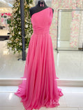 Hot Pink Chiffon One Shoulder Cheap Prom Dresses Pleated Bodice Beaded Lace Strap FD2743