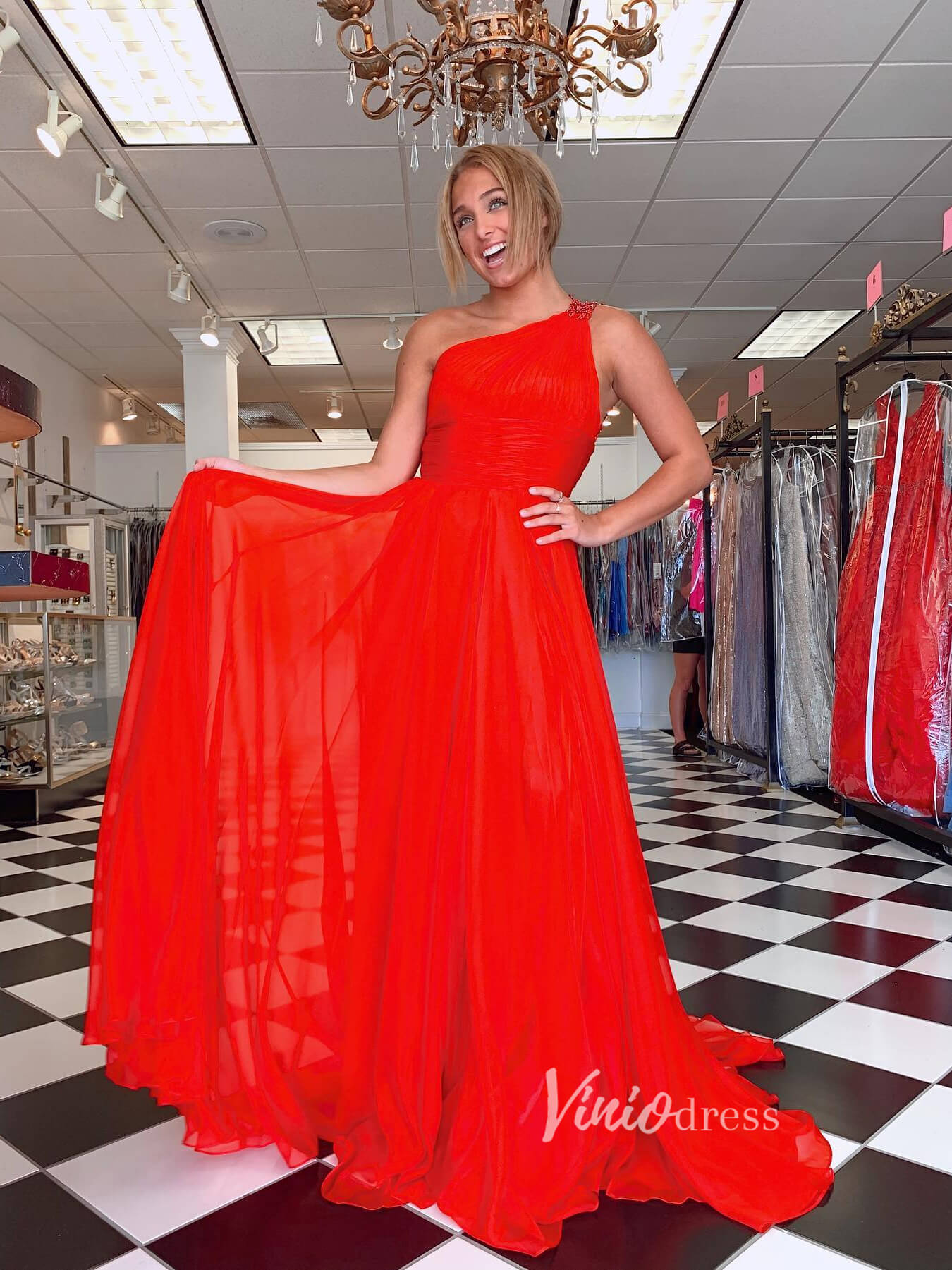 Hot Pink Chiffon One Shoulder Prom Dresses Pleated Bodice Beaded Lace –  Viniodress
