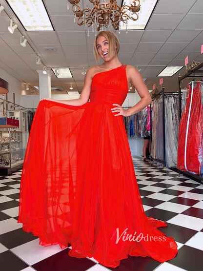 Hot Pink Chiffon One Shoulder Prom Dresses Pleated Bodice Beaded Lace Strap FD2743-prom dresses 2025 -Viniodress-Red-Custom Size-