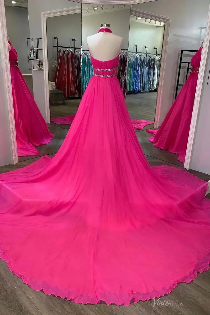 Hot Pink Chiffon Pageant Dress with Halter Neck, Ruched Bodice & Crystal Waistband – PG014-Pageant Dress 2026-Viniodress-Hot Pink-Custom Size-