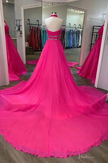 Hot Pink Chiffon Pageant Dress with Halter Neck, Ruched Bodice & Crystal Waistband – PG014-Pageant Dress 2026-Viniodress-Hot Pink-Custom Size-