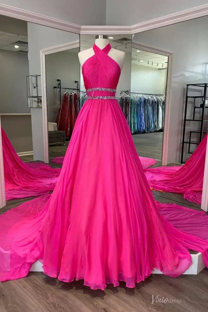 Hot Pink Chiffon Pageant Dress with Halter Neck, Ruched Bodice & Crystal Waistband – PG014