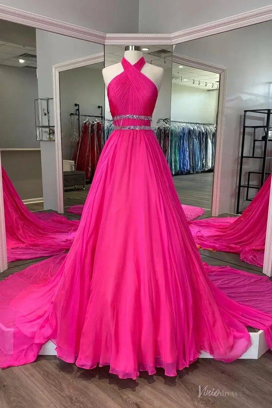 Hot Pink Chiffon Pageant Dress with Halter Neck, Ruched Bodice & Crystal Waistband – PG014