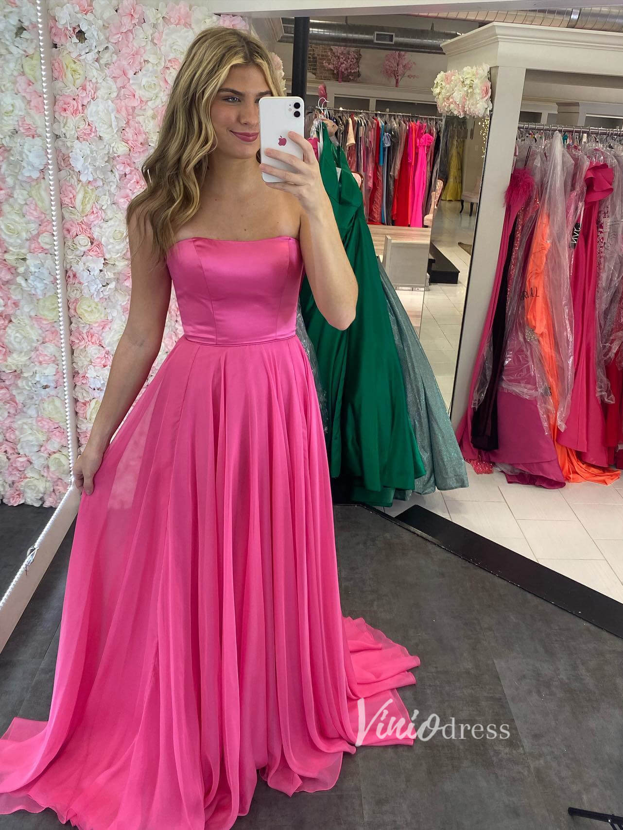 Prom Dress 2025 Hot Pink Chiffon Prom Dresses Strapless Evening Dress FD2758-unique prom dresses-Hot Pink-Custom Size-Viniodress