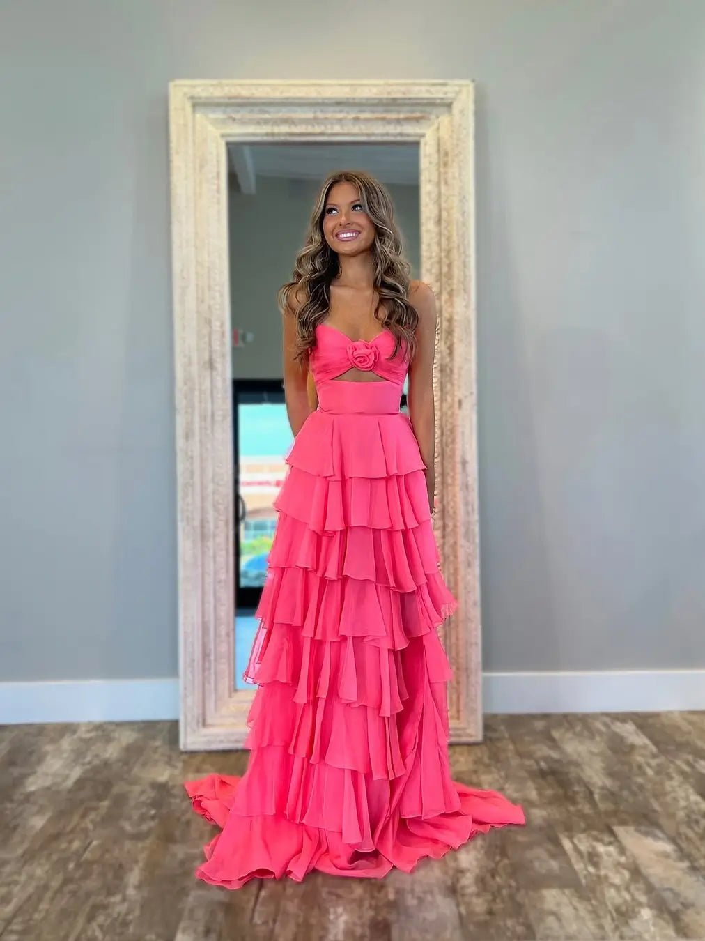 Hot Pink Chiffon Tiered Prom Dress with 3D Flower & Sweetheart Neckline – Style FD3741-prom dresses 2025 -Viniodress-Hot Pink-Custom Size-