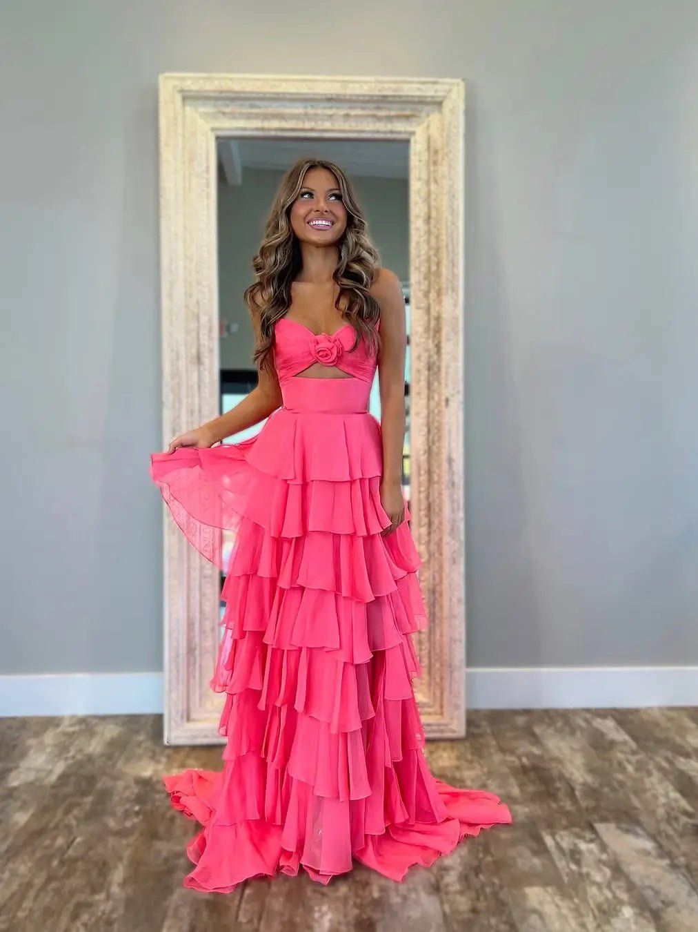 Hot Pink Chiffon Tiered Prom Dress with 3D Flower & Sweetheart Neckline – Style FD3741-prom dresses 2025 -Viniodress-Hot Pink-Custom Size-