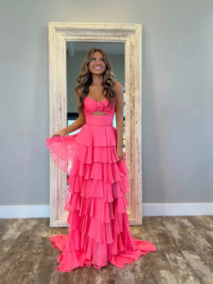 Hot Pink Chiffon Tiered Prom Dress with 3D Flower & Sweetheart Neckline – Style FD3741-prom dresses 2025 -Viniodress-Hot Pink-Custom Size-