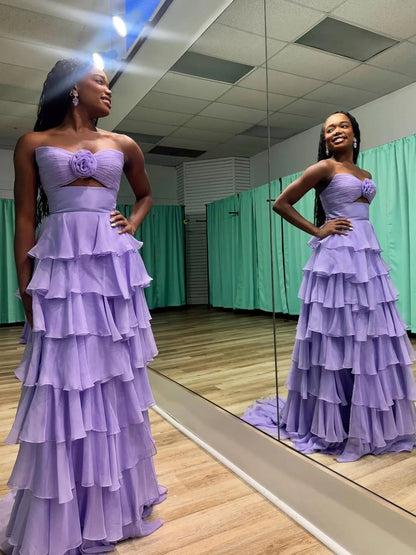 Hot Pink Chiffon Tiered Prom Dress with 3D Flower & Sweetheart Neckline – Style FD3741-prom dresses 2025 -Viniodress-Hot Pink-Custom Size-