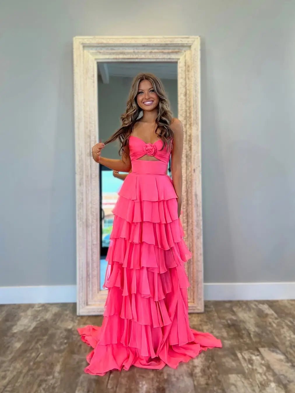Hot Pink Chiffon Tiered Prom Dress with 3D Flower & Sweetheart Neckline – Style FD3741-prom dresses 2025 -Viniodress-Hot Pink-Custom Size-
