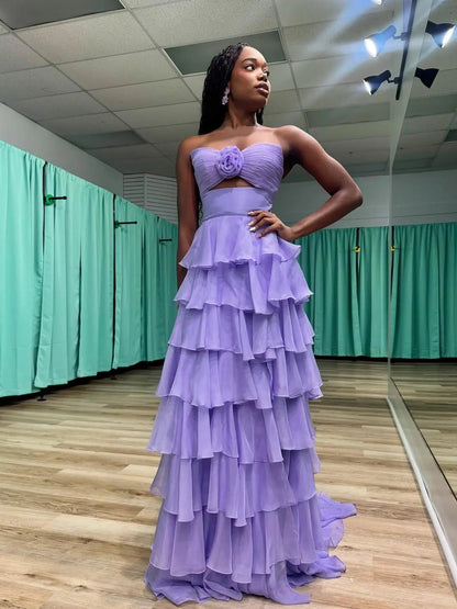Hot Pink Chiffon Tiered Prom Dress with 3D Flower & Sweetheart Neckline – Style FD3741-prom dresses 2025 -Viniodress-Lavender-Custom Size-