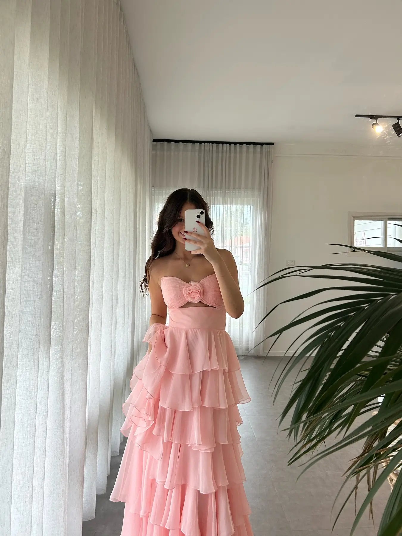 Hot Pink Chiffon Tiered Prom Dress with 3D Flower & Sweetheart Neckline – Style FD3741-prom dresses 2025 -Viniodress-Pink-Custom Size-