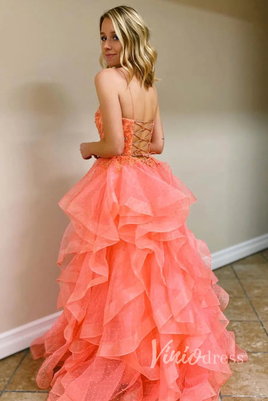 Hot Pink Dotted Ruffle Prom Dresses Long Layered Ball Gown FD1447-prom dresses-Viniodress-Viniodress