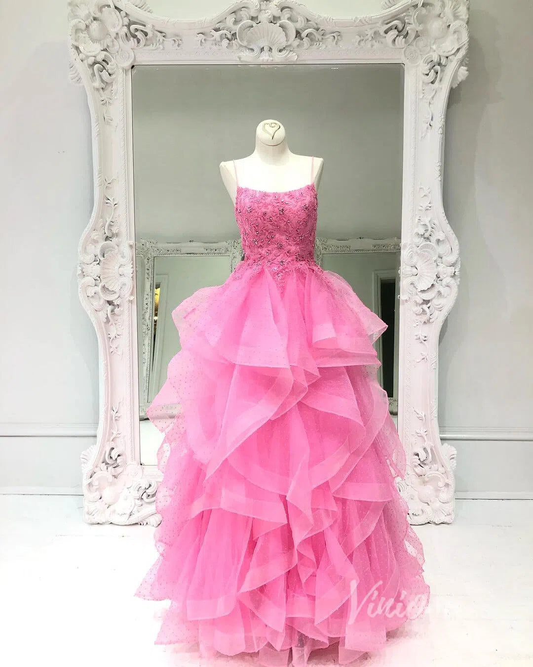 Prom Dress 2025 Hot Pink Dotted Ruffle Prom Dresses Long Layered Ball Gown FD1447-unique prom dresses-Hot Pink-Custom Size-Viniodress