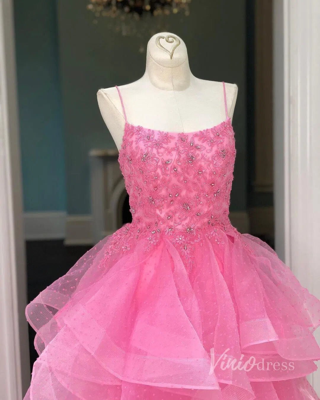 Hot Pink Dotted Ruffle Prom Dresses Long Layered Ball Gown FD1447-prom dresses-Viniodress-Viniodress