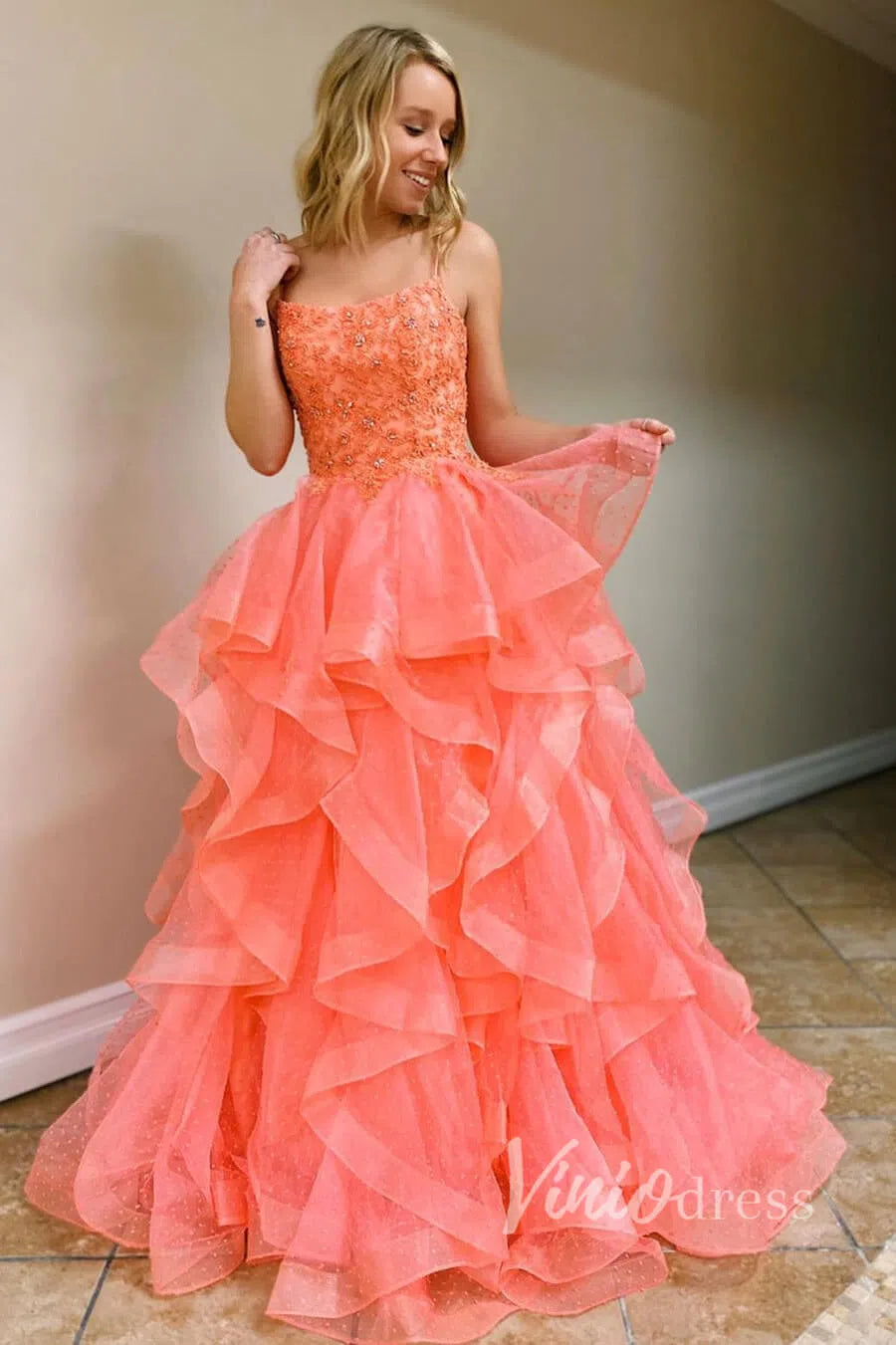 Prom Dress 2025 Hot Pink Dotted Ruffle Prom Dresses Long Layered Ball Gown FD1447-unique prom dresses-Coral-Custom Size-Viniodress