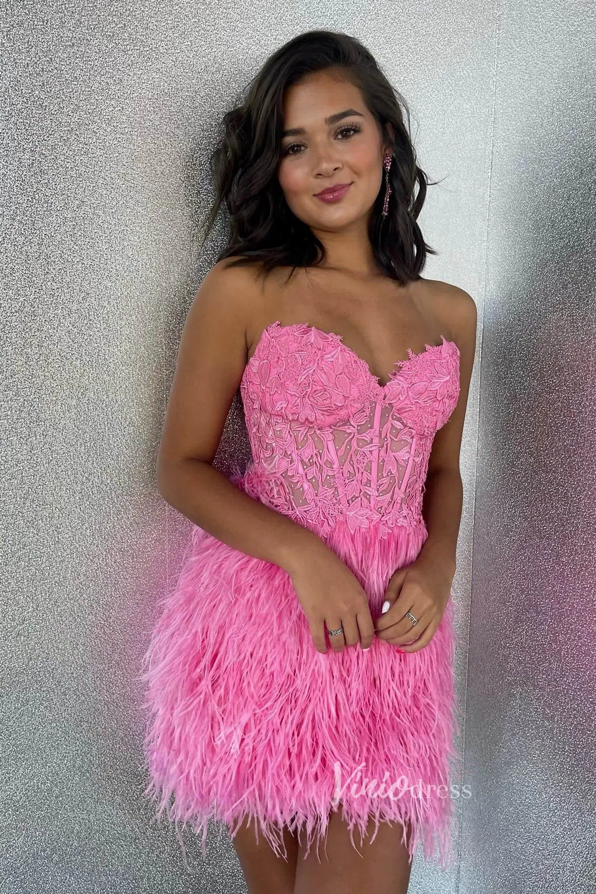 Hot Pink Feather Homecoming Dress | Strapless Bodycon Mini Dress with Lace-Up Back & Sweetheart Neck SD1528-Homecoming Dresses 2025 -Viniodress-Hot Pink-Custom Size-