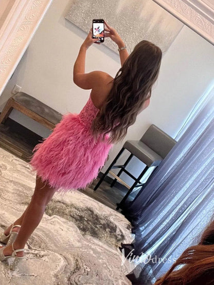 Hot Pink Feather Homecoming Dress | Strapless Bodycon Mini Dress with Lace-Up Back & Sweetheart Neck SD1528-Homecoming Dresses 2025 -Viniodress-Hot Pink-Custom Size-