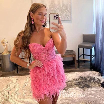 Hot Pink Feather Homecoming Dress | Strapless Bodycon Mini Dress with Lace-Up Back & Sweetheart Neck SD1528-Homecoming Dresses 2025 -Viniodress-Hot Pink-Custom Size-
