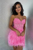 Hot Pink Feather Homecoming Dresses Bodycon Mini Strapless Cocktail Dress SD1528-homecoming dresses-Viniodress-Viniodress