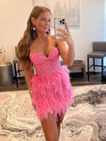 Hot Pink Feather Homecoming Dresses Bodycon Mini Strapless Cocktail Dress SD1528-homecoming dresses-Viniodress-Hot Pink-Custom Size-Viniodress