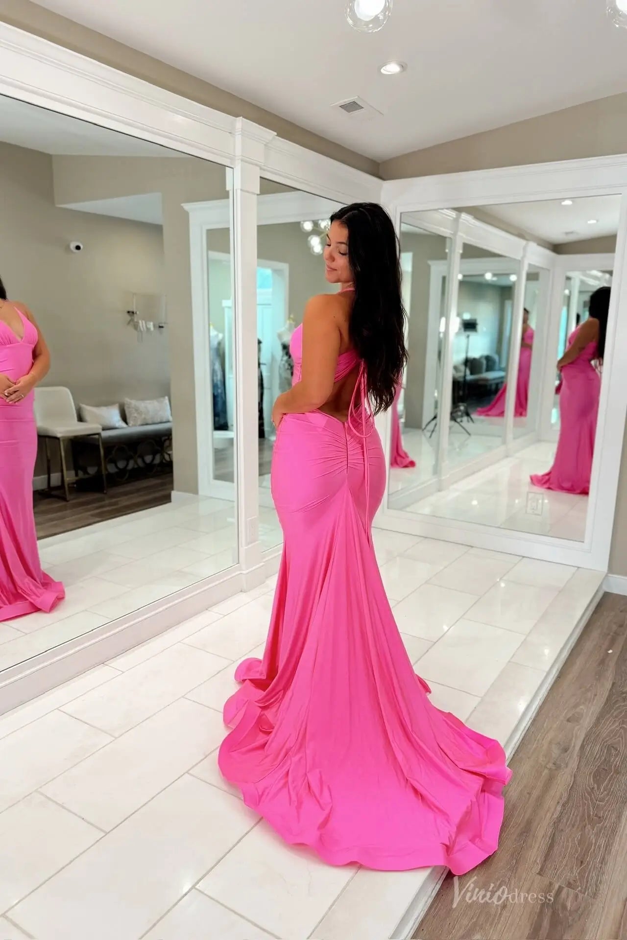 Hot Pink Halter Neck Mermaid Prom Dress with Ruched Bodice, Open Back & Sweep Train – SS147-prom dresses 2026-Viniodress-Hot Pink-Custom Size-