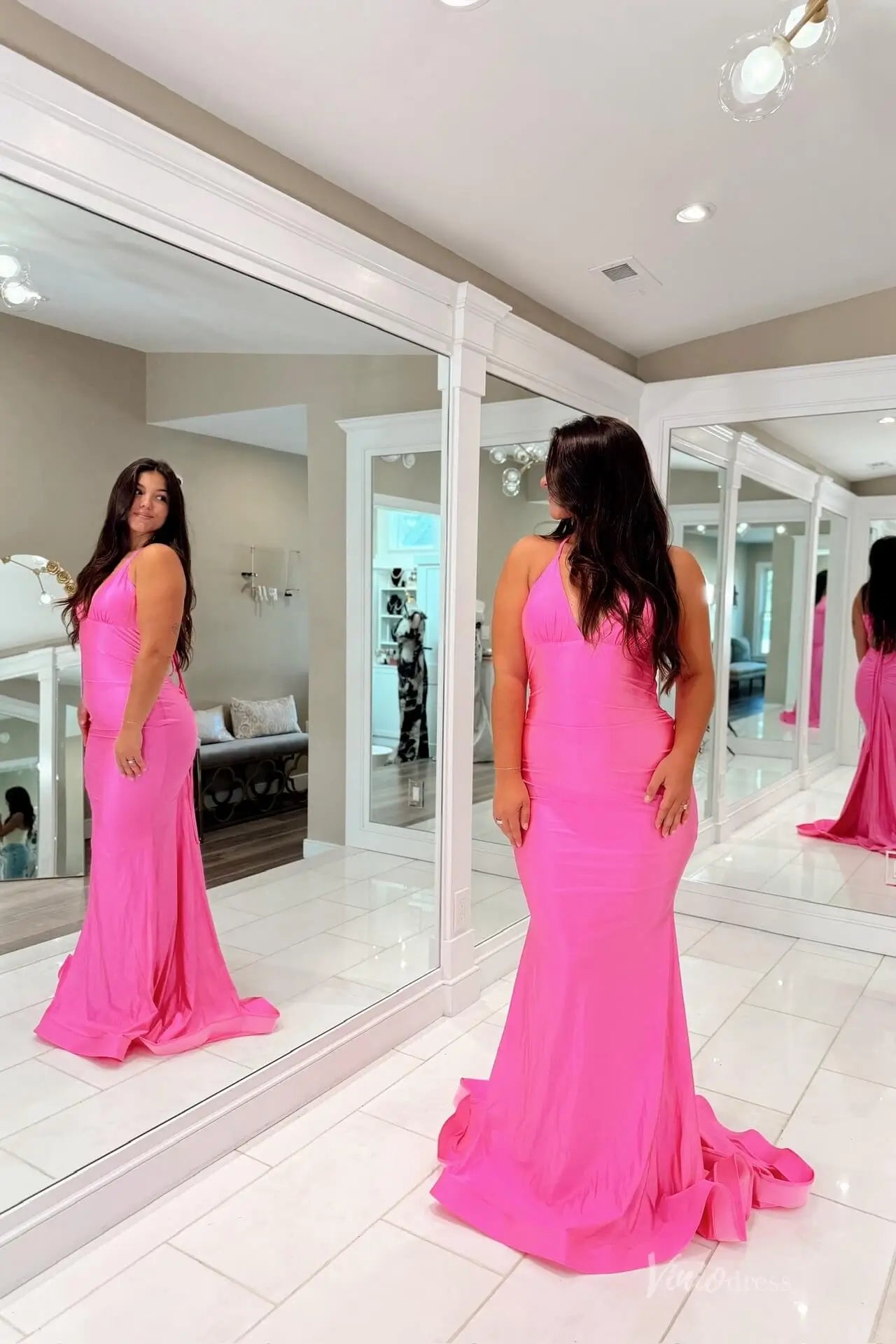 Hot Pink Halter Neck Mermaid Prom Dress with Ruched Bodice, Open Back & Sweep Train – SS147-prom dresses 2026-Viniodress-Hot Pink-Custom Size-