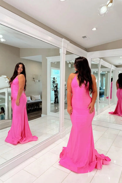 Hot Pink Halter Neck Mermaid Prom Dress with Ruched Bodice, Open Back & Sweep Train – SS147-prom dresses 2026-Viniodress-Hot Pink-Custom Size-