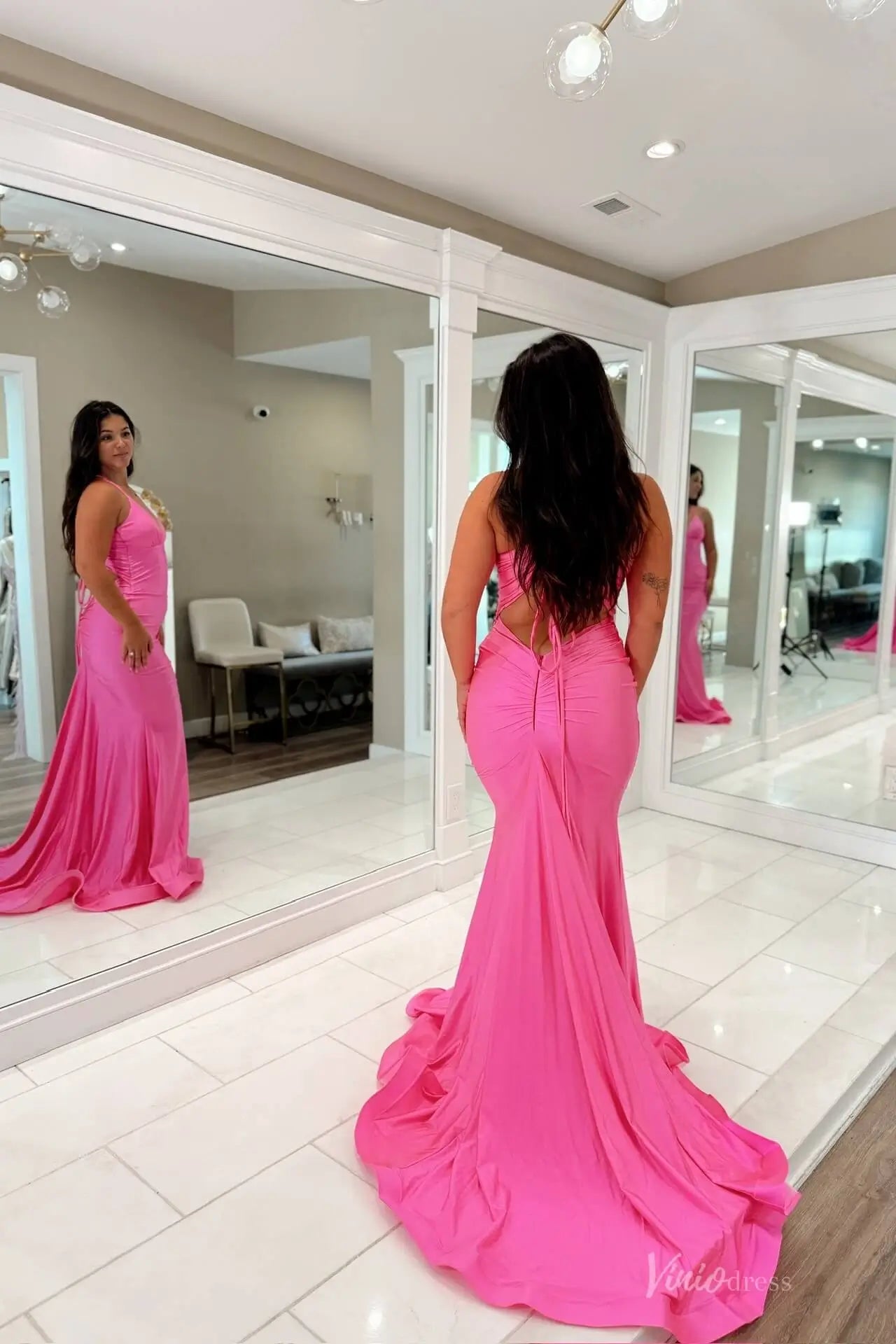 Hot Pink Halter Neck Mermaid Prom Dress with Ruched Bodice, Open Back & Sweep Train – SS147-prom dresses 2026-Viniodress-Hot Pink-Custom Size-