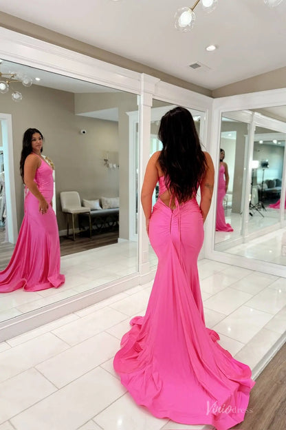 Hot Pink Halter Neck Mermaid Prom Dress with Ruched Bodice, Open Back & Sweep Train – SS147-prom dresses 2026-Viniodress-Hot Pink-Custom Size-