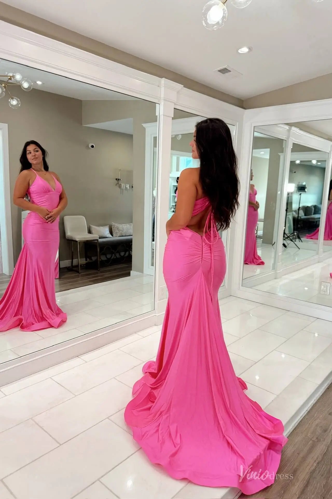 Hot Pink Halter Neck Mermaid Prom Dress with Ruched Bodice, Open Back & Sweep Train – SS147-prom dresses 2026-Viniodress-Hot Pink-Custom Size-