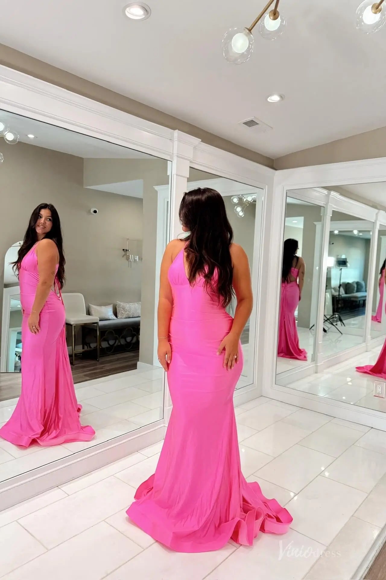 Hot Pink Halter Neck Mermaid Prom Dress with Ruched Bodice, Open Back & Sweep Train – SS147-prom dresses 2026-Viniodress-Hot Pink-Custom Size-