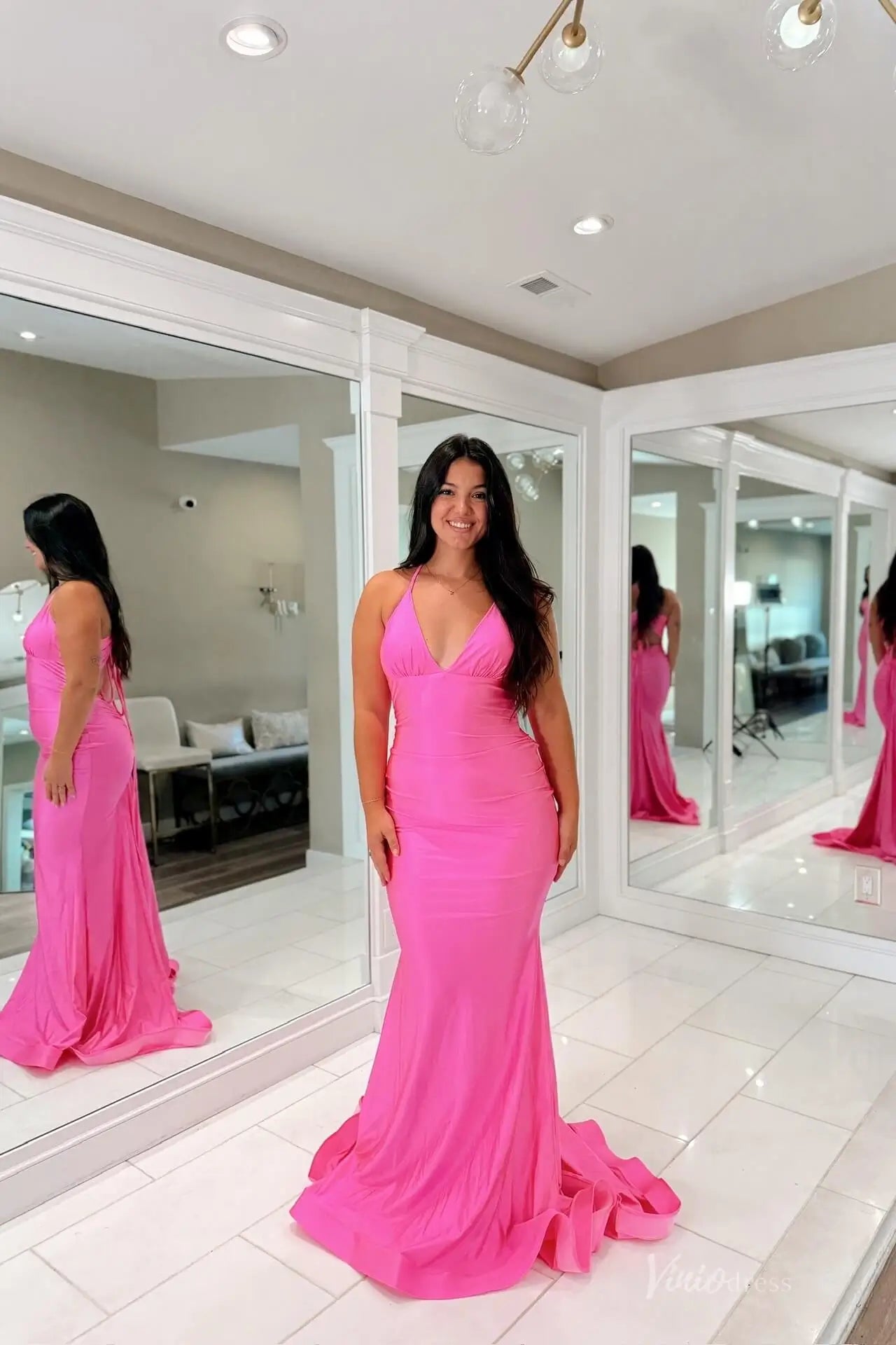 Hot Pink Halter Neck Mermaid Prom Dress with Ruched Bodice, Open Back & Sweep Train – SS147