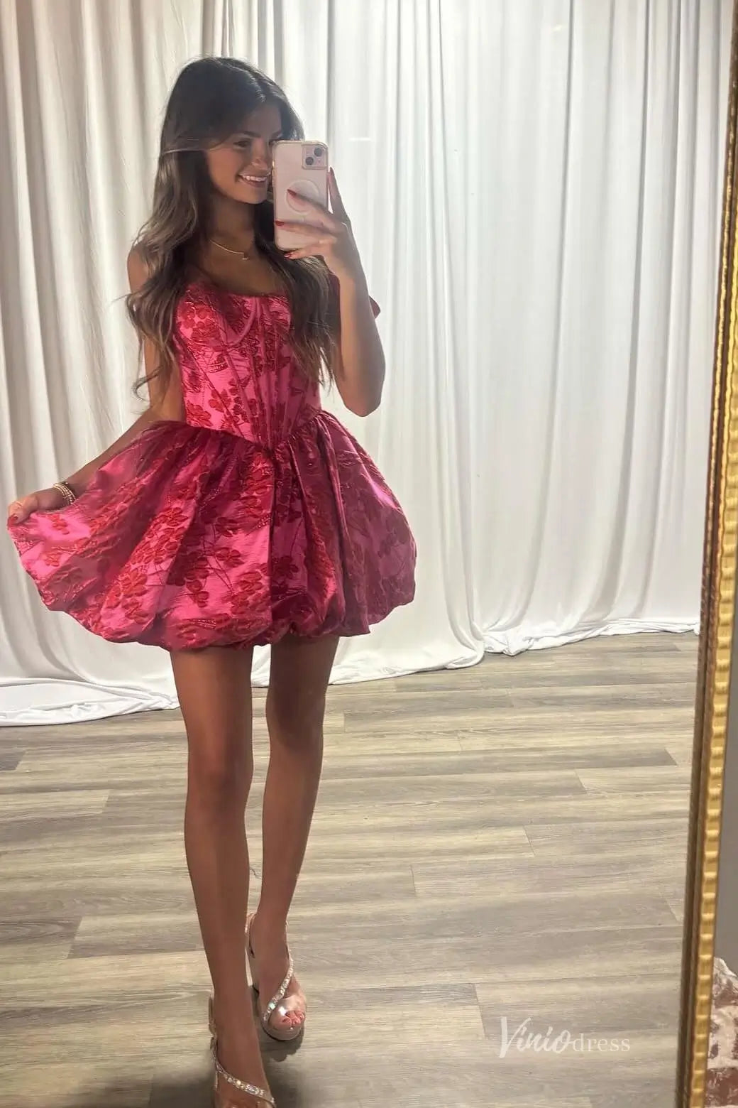 Hot Pink Jacquard Bubble Homecoming Dress with Corset Bodice & Wide Straps – JC030-Homecoming Dresses 2026-Viniodress-Hot Pink-Custom Size-