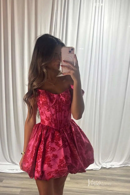 Hot Pink Jacquard Bubble Homecoming Dress with Corset Bodice & Wide Straps – JC030-Homecoming Dresses 2026-Viniodress-Hot Pink-Custom Size-