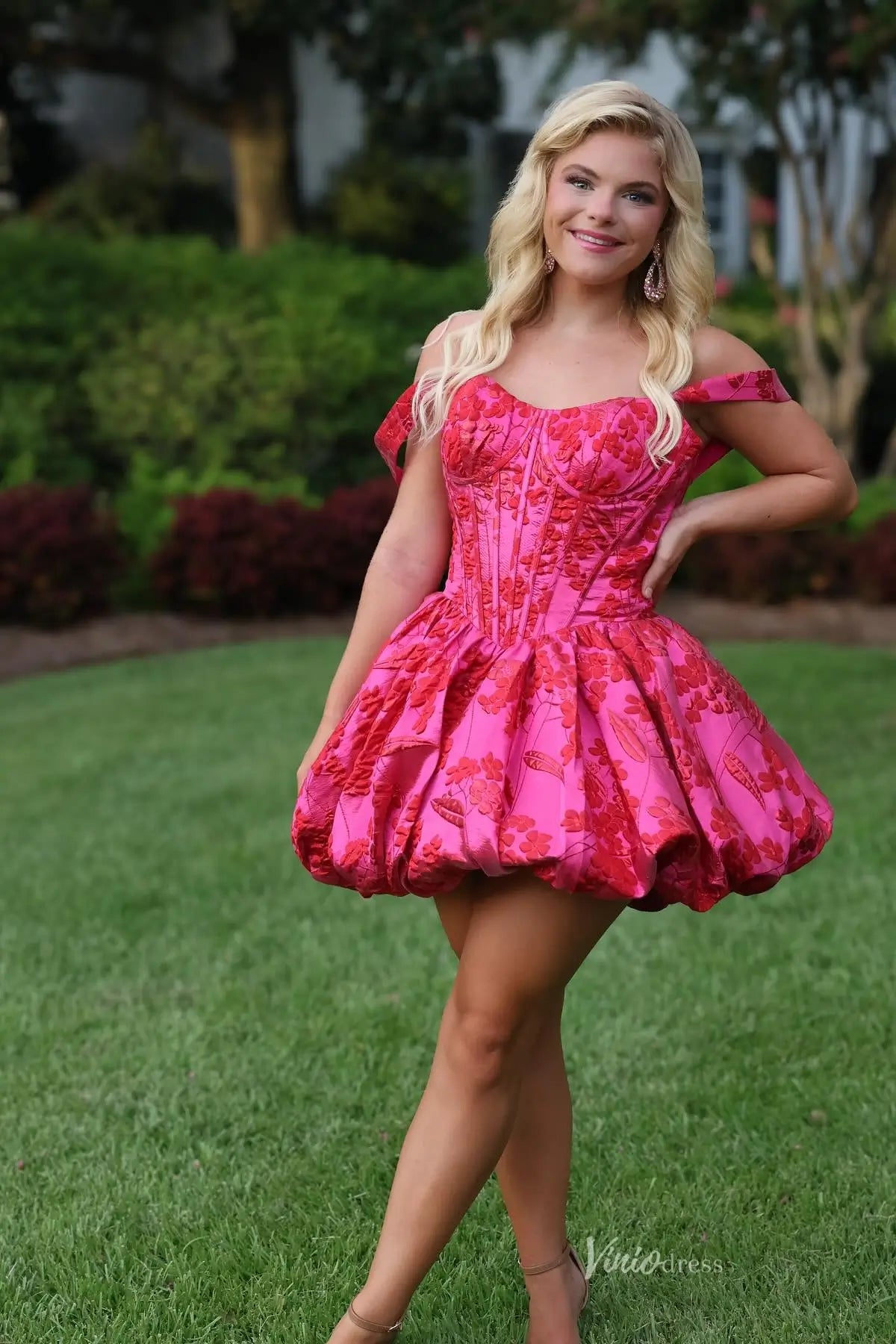 Hot Pink Jacquard Bubble Homecoming Dress with Corset Bodice & Wide Straps – JC030-Homecoming Dresses 2026-Viniodress-Hot Pink-Custom Size-