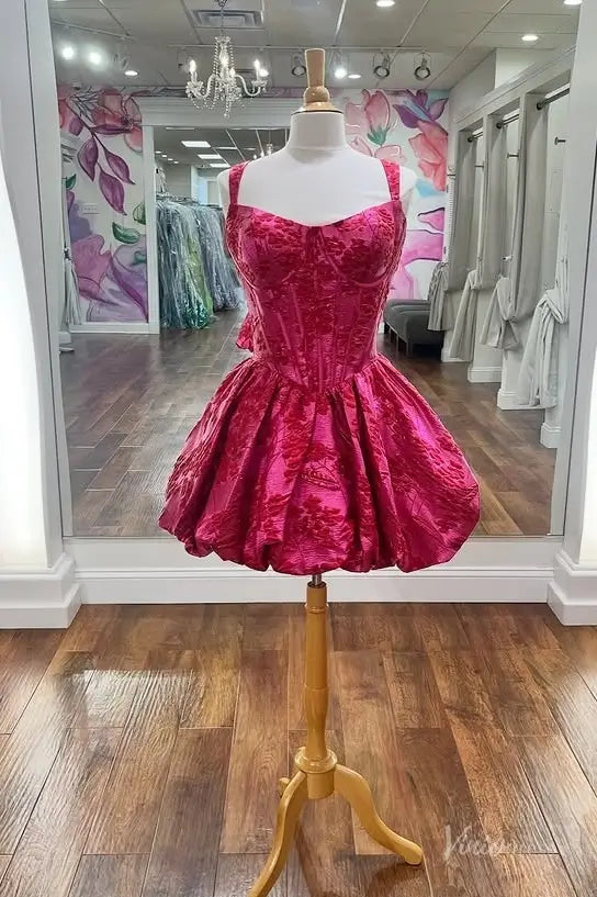 Hot Pink Jacquard Satin Bubble Homecoming Dress with Corset Bodice & Wide Straps – H1159-Homecoming Dresses 2025 -Viniodress-Hot Pink-Custom Size-