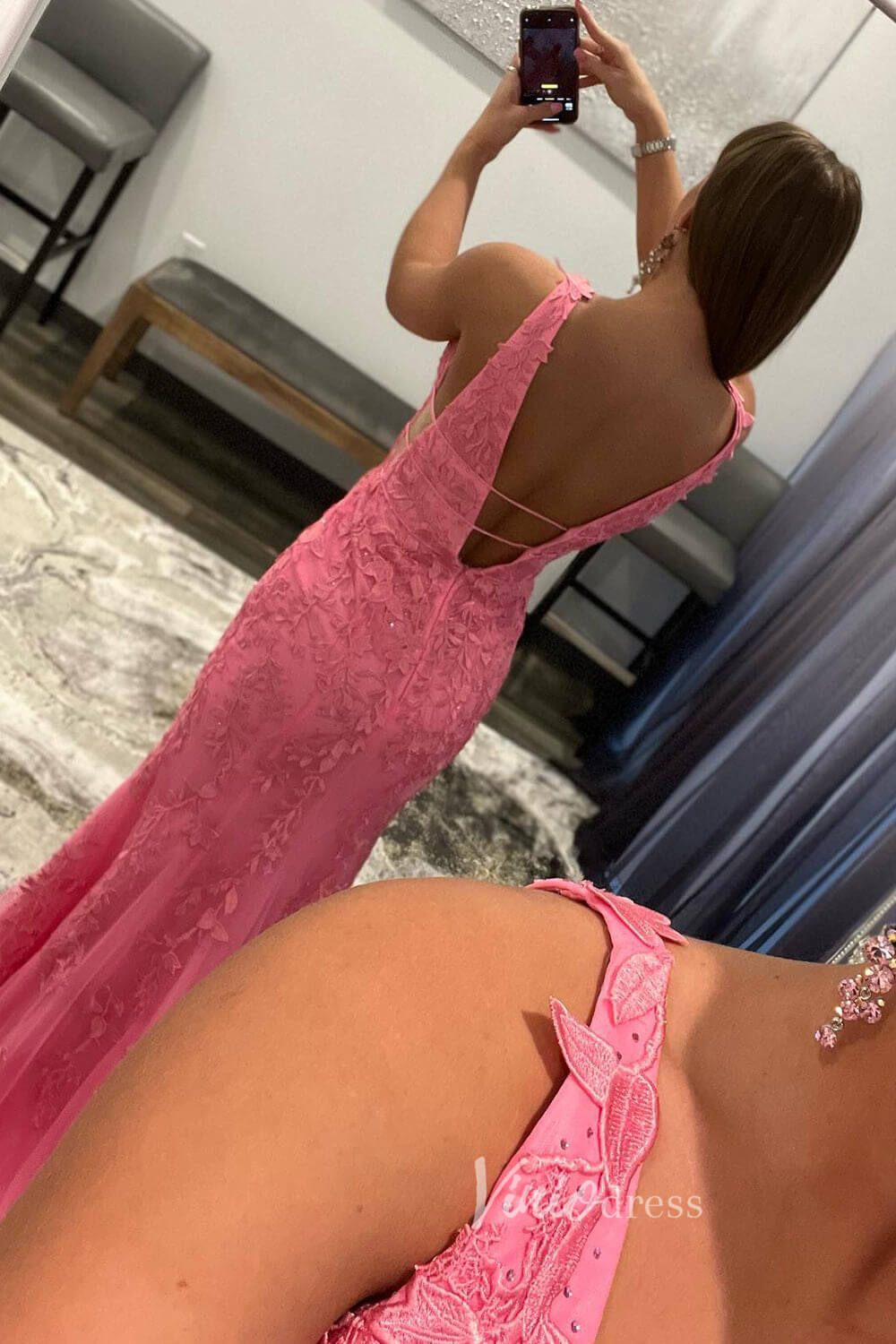 Hot Pink Lace Appliqued Mermaid Prom Dresses Plunging V-neck FD1250H-prom dresses 2025 -Viniodress-Hot Pink-Custom Size-