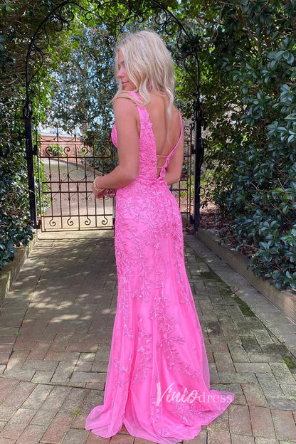 Hot Pink Lace Appliqued Mermaid Prom Dresses Plunging V-neck FD1250H-prom dresses 2025 -Viniodress-Hot Pink-Custom Size-