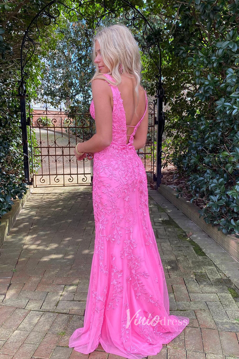 Hot Pink Lace Appliqued Mermaid Prom Dresses Plunging V-neck FD1250H Viniodress Hot Pink Lace Appliqued Mermaid Prom Dresses Plunging V-neck FD1250H Viniodress