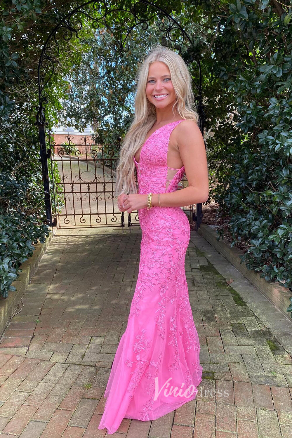 Hot Pink Lace Appliqued Mermaid Prom Dresses Plunging V-neck FD1250H Viniodress Hot Pink Lace Appliqued Mermaid Prom Dresses Plunging V-neck FD1250H Viniodress