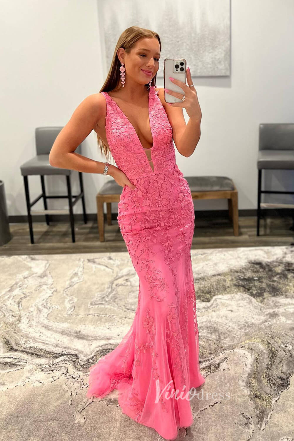 Hot Pink Lace Appliqued Mermaid Prom Dresses Plunging V-neck FD1250H-prom dresses 2025 -Viniodress-Hot Pink-Custom Size-