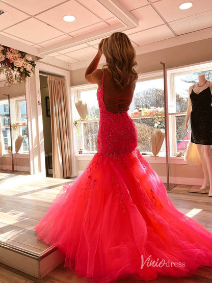 Hot Pink Lace Appliqued Mermaid Prom Dresses Spaghetti Strap FD3658-prom dresses 2025 -Viniodress-Hot Pink-Custom Size-