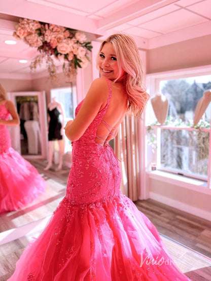Hot Pink Lace Appliqued Mermaid Prom Dresses Spaghetti Strap FD3658-prom dresses 2025 -Viniodress-Hot Pink-Custom Size-