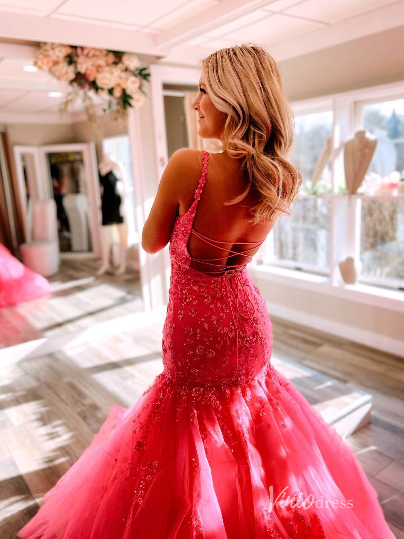 Prom Dress 2025 Cheap Hot Pink Lace Appliqued Mermaid Prom Dresses Spaghetti Strap FD3658-unique prom dresses-Hot Pink-Custom Size-Viniodress